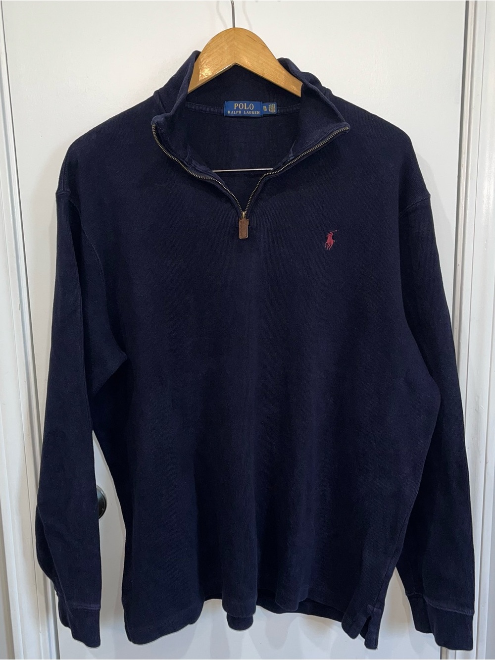 Preloved POLO Ralph Lauren Navy 1/4 Zip Sweater with Purple Pony Logo - Size XL